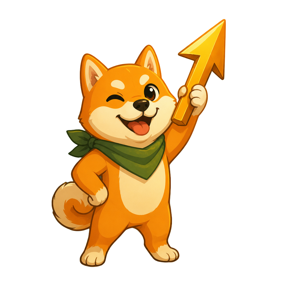 An orange dog-inspired meme coin mascot with a green bandana raising a golden arrow