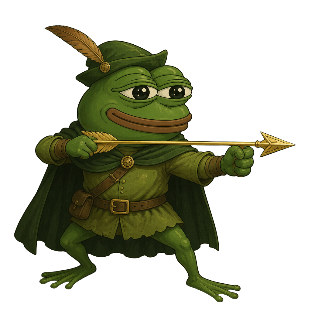 A frog-inspired meme coin mascot in a feathered cap aiming a golden arrow