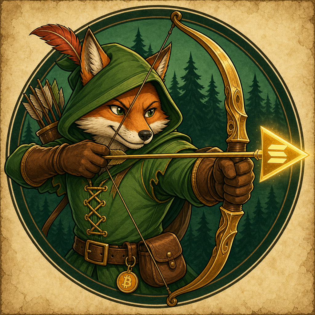 RobbingHood mascot: a hooded fox archer aiming a golden crypto-arrow
